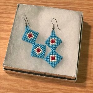 Silver Beaded Earrings of red/blue and white.